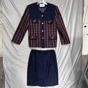 Queen's Skirt Suit Womens XL Navy‎ Tartan Plaid Gold Button 2 Piece Set Lined